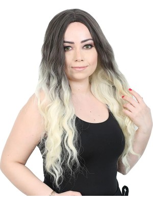 Uravas Store Su Daası Uzun Perçemsiz Fiber Sen Peruk / Küllü Siyah / Platin Ombreli