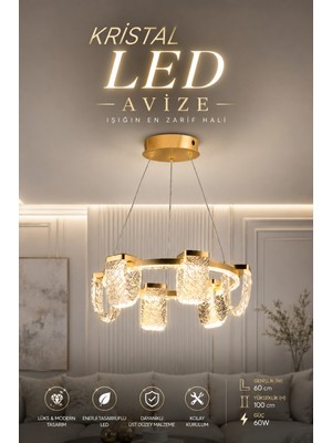 Elvora Home Modern (Premium) Kristal Ledli 60W Avize Gold Kasa Lüks Sarkıt Avize Salon Yemek Masası Üstü Avizesi Modelleri