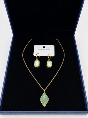 By Seval Yıldırım Çelik Gold Zincirli -Mint Yeşili/su Yeşili Taşlı Kolye ve Küpe Seti