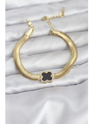 Uravas Store 316L Çelik Gold Renk Siyah Yonca Model Zirkon Taşlı Yılan Zincirli Kadın Bileklik