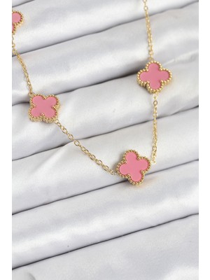 Uravas Store 316L Çelik Zincir Gold Pembe Renk Yonca Kadın Kolye