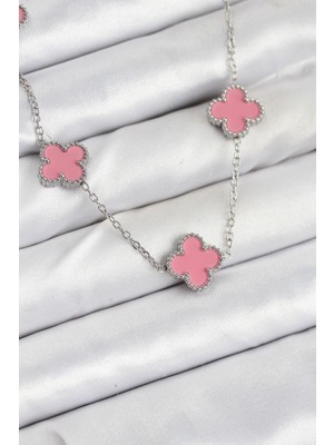 Uravas Store 316L Çelik Zincir Gümüş Pembe Renk Yonca Kadın Kolye