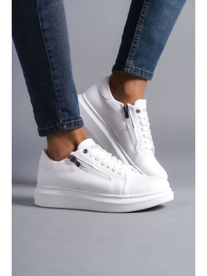 ET155 Warrior Bağcıklı ve Fermuarlı Cilt Erkek Günlük Sneaker Ayakkabı Bt - Beyaz