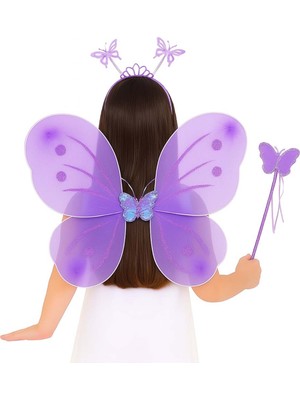 Uravas Store Lila Mor Kelebek Kız Seti – 50 cm Kelebek Kanadı, Taç ve Asa