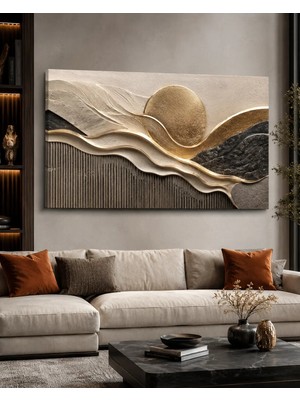 Premium Altın Güneş ve Dalgalı Ufuk 3D Kanvas Tablo Modern Dekor