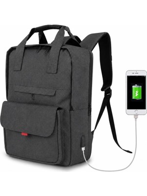 Abnturk Çok Bölmeli USB Şarj Girişli 15,6'' Laptop Akıllı Sırt Çantası Antrasit Gri 41X34X12CM Günlük Seyahat ve Iş Sırt Çantası