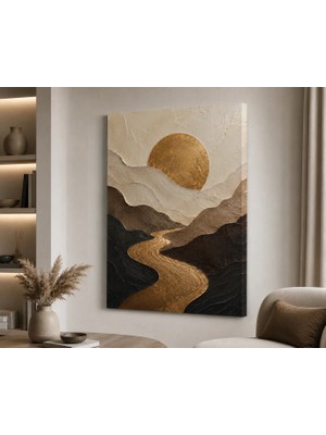 Premium Altın Nehirli Kanyon 3D Görünümlü Soyut Kanvas Tablo