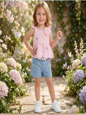 Erca Home Tekstil Ürünleri Kot Şortlu Yazlık Kız Ikili Takım 5y,4y,3y,2y Kız Pembe