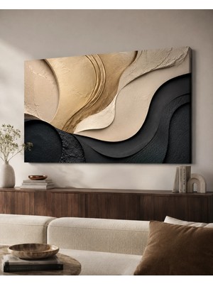 Premium Siyah Krem Akış 3D Kanvas Tablo Altın Dokulu Modern Dekor