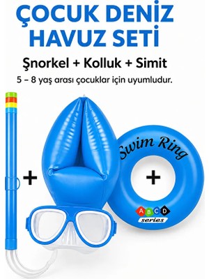 Mustran Çocuk Deniz Havuz Yüzme Seti Şnorkel Dalış Maskesi + Çift Odalı Kolluk + Çocuk Simidi