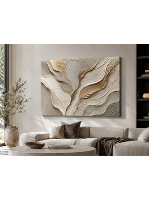 Premium Altın Damarlar Organik 3D Kanvas Tablo Krem Minimalist Dekor