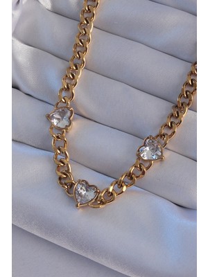 Uravas Store 316L Çelik Gold Renk Zirkon Taşlı Kalp Model Zincir Kolye
