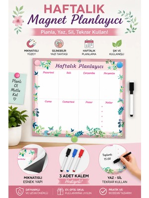 Hobialem Floral Haftalık Floral Magnet Planlayıcı Silinebilir Mıknatıslı Yazı Tahtası Pano + 3 Kalem