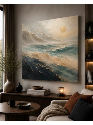 Premium Altın Ufuklu Sakin Deniz Dokulu Kanvas Tablo