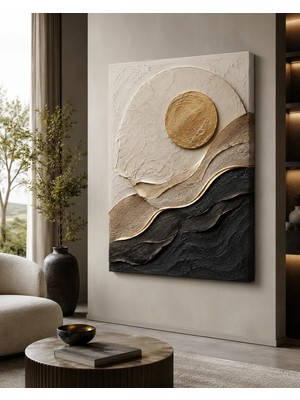 Premium Altın Ay ve Koyu Tepeler 3D Kanvas Tablo Minimalist Doğa Dekoru