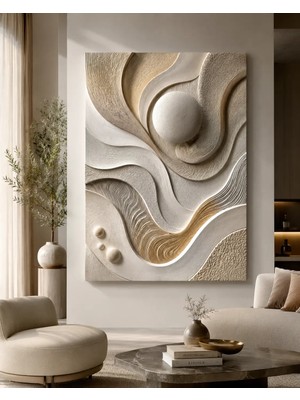 Premium Akışkan Kum Formları 3D Kanvas Tablo Krem Altın Modern Dekor