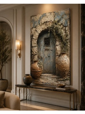 Ftrmalzemecim Premium Çiçekli Eski Kemerli Kapı Kanvas Tablo – Taş Duvarlı Romantik Vintage Giriş