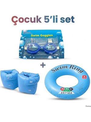 Mustran Çocuk 6'lı Deniz ve Havuz Yüzme Seti Deniz Gözlüğü + Silikon Bone + Çift Odalı Kolluk + Çocuk Simidi + Kulak Tıkacı + Burun Tıkacı