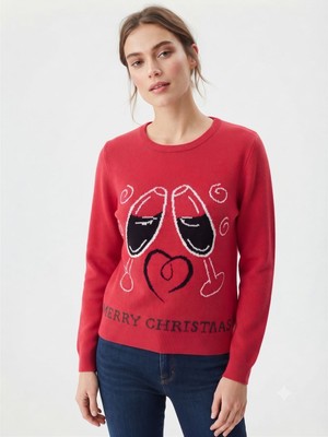Neden Tekstil Kadın Kırmızı Triko Merry Christmas Desenli Kazak