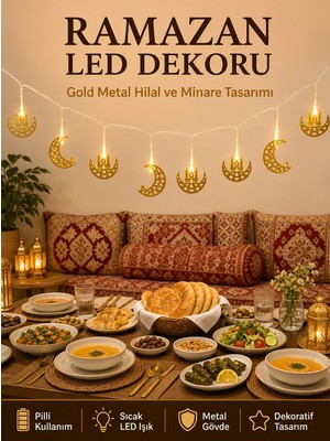 Hobilinka Minareli Hilal LED Işık Gold Metal Gövdeli Pilli Ramazan Dekoru