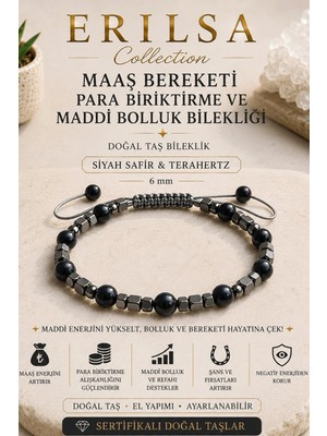 Erilsa Sertifikalı Maaş Bereketi Para Biriktirme Maddi Bolluk Bilekliği Siyah Safir Terahertz 6 mm