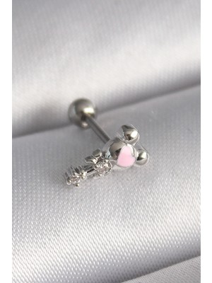 Uravas Store 316L Çelik Gümüş Renk Zirkon Taş Detay Pembe Kalp Işleme Tragus Piercing