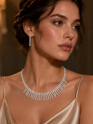 Seyn Accessory Kadın Bijuteri Taşlı Püsküllü Şelale Model Gelin Nişan Düğün Kolye Küpe Takı Seti