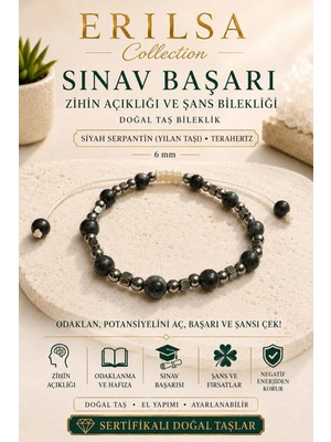 Erilsa Sertifikalı Sınav Başarı Zihin Açıklığı Şans Bilekliği Siyah Serpantin Yılan Taşı Terahertz 6 mm