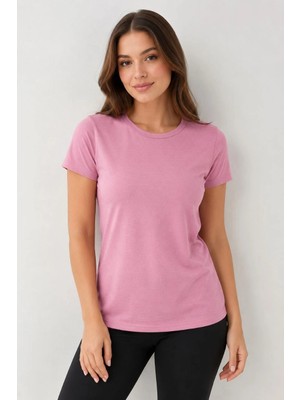 3 Kadın Basic Bisiklet Yaka Yazlık Slim Fit T-Shirt - Pudra Pembe  Turuncu