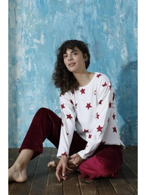 Bebelop Kadın Bisiklet Yaka Oversize Interlok Pamuklu Üst Kadife Alt Kışlık Pijama Eşofman Takımı