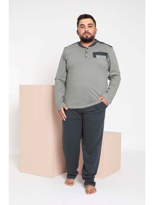Guava Erkek Büyük Beden 3 Düğmeli %100 Pamuk Cepli Mevsimlik Pijama Takımı