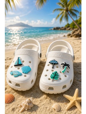 Cinderella 6'lı Plaj Serisi Yelken Ağaç Deniz Kabuğu Crocs Uyumlu Terlik Süsü Jibbitz - Cross Süsleri Tokası Crocks Charm