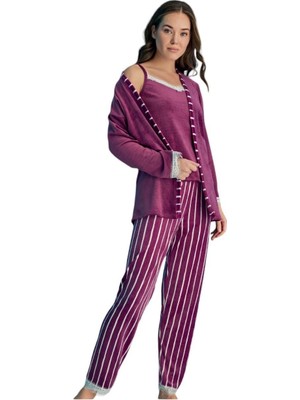 Bebelop Kadın Ip Askılı Ince Dantel Detaylı Sabahlıklı Kışlık Kadife 3'lü Pijama Takımı-Çeyizlik Set
