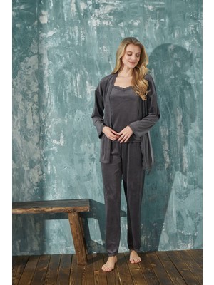 Bebelop Kadın Ip Askılı Ince Dantel Detaylı Sabahlıklı Kışlık Kadife 3'lü Pijama Takımı-Çeyizlik Set