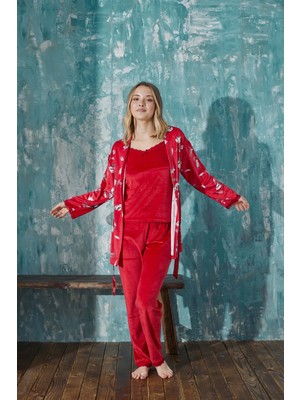 Bebelop Kadın Ip Askılı Ince Dantel Detaylı Sabahlıklı Kışlık Kadife 3'lü Pijama Takımı-Çeyizlik Set