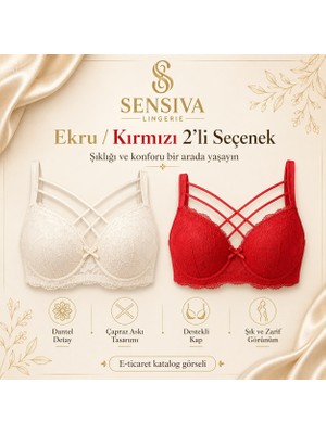 Sensiva Lingerie 2'li Sütyen Dolgulu Çapraz Ipli Konforlu Esnek Şık Görünüm 2'li Paket ( Kırmızı - Ekru )