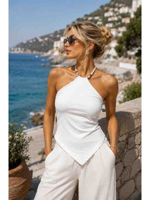 Sy Butik Boncuk Detaylı Halter Yaka Kadın Bluz –