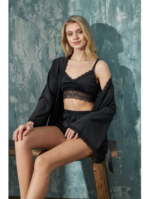 Bebelop Kadın Crop Fransız Kadife Geniş Kol Sabahlıklı Dantel Detaylı Bralet Şortlu Pijama Takımı 3lü Set