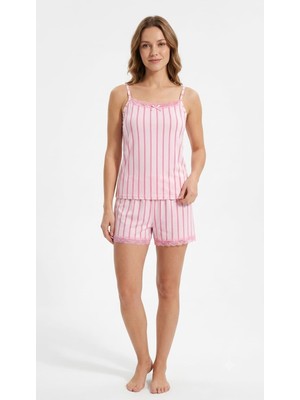Suisy Suısy-Pembe Çizgili Dantelli Şortlu Pijama Takımı