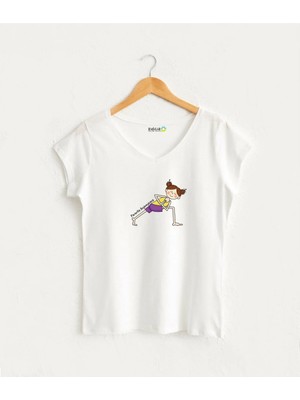 Kidilia Yoga Parivrtta Anjaneyasana Poz Görselli Kadın V Yaka %100 Pamuklu Tasarım T-Shirt
