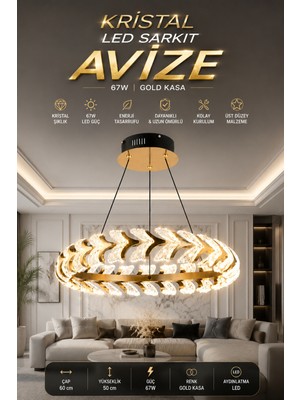 Elvora Home Modern (Premium) Kristal Ledli 67W Şık Gold Kasalı Dekoratif Sarkıt Avize Salon Yemek Odası Mutfak Oturma Odası Avizesi Modelleri