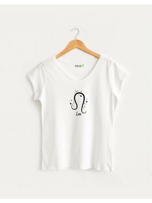 Kidilia Aslan Burcu Tasarımlı Kadın V Yaka %100 Pamuklu T-Shirt