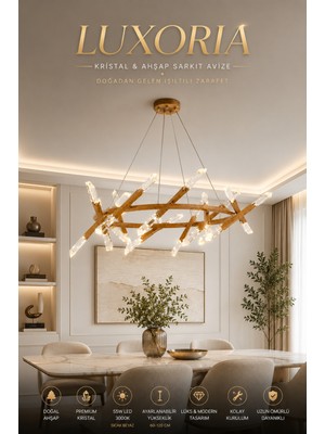 Elvora Home Modern (Premium) Lüks Ahşap Kristal Ledli 55W 3000K Sarkıt Aydınlatma Salon Otel Yemek Odası Oturma Odası Avizesi Modelleri