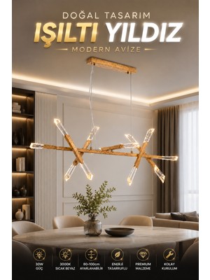 Elvora Home Modern (Premium) Ledli 30W 3000K Sarkıt Avize Doğal Ahşap Tasarım Salon Yemek Odası Yemek Masası Üstü Avizesi Modelleri