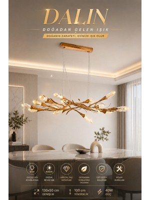 Elvora Home Modern (Premium) Ledli 40W 4000K Doğal Ahşap Kristal Taşlı Sarkıt Avize Salon Yemek Odası Yemek Masası Üstü Avizesi Modelleri