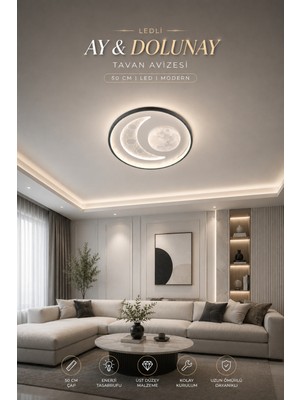 Elvora Home Modern (Premium) Ay ve Dolunay Desenli Şık Tavan Armatürü Ledli Beyaz Işık Dekoratif Avize Salon Oturma Odası Avizesi Modelleri