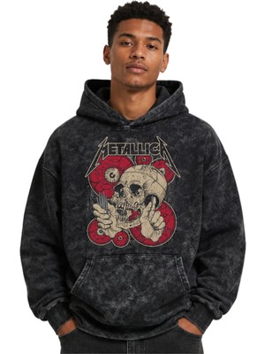 Sevbano Metallica Rock Metal Müzik Grubu Baskılı Unisex Oversize Yıkamalı Premium Hoodie Sweatshirt