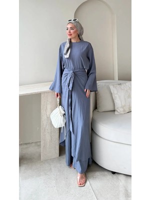 RFK Butik Kadın Önü Çapraz Belden Bağlamalı Pantolonlu Üç Parça Tesettür Takım - Antrasit