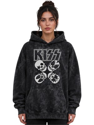 Sevbano Kiss Rock Metal Müzik Grubu Baskılı Unisex Oversize Yıkamalı Premium Hoodie Sweatshirt