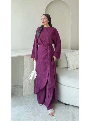 RFK Butik Kadın Önü Çapraz Belden Bağlamalı Pantolonlu Üç Parça Tesettür Takım - Mürdüm
